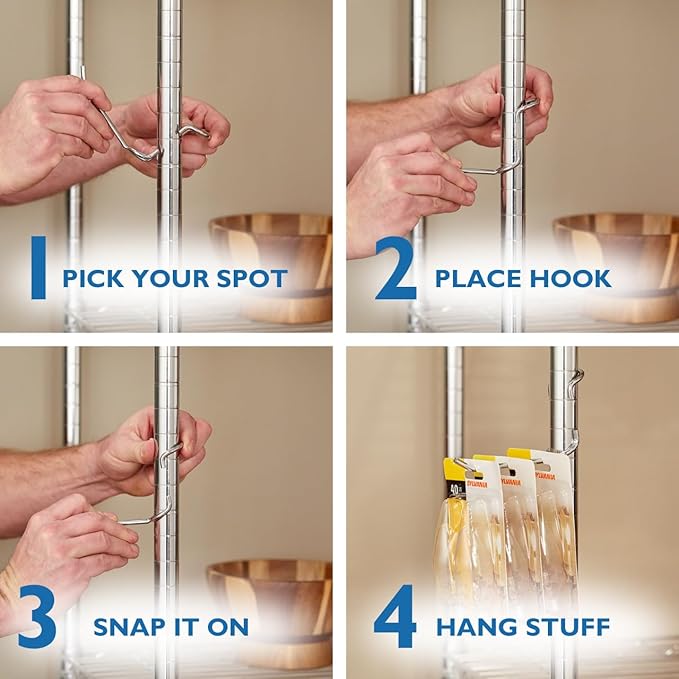 Shelf Pole Hooks 5-Pack | Chrome Variety Pack for Hanging | Snap-On Hooks for 1 Inch Poles | Wire & Metal Shelving Hooks for Kitchen, Garage & Home Organization
