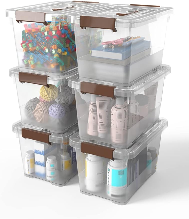 WYT 6-Pack Clear 7 Quart Storage Latch Box/Bins, Plastic Stackable Latching Box with Brown Handle and Lid, Multi-Purpose, 7 Litre