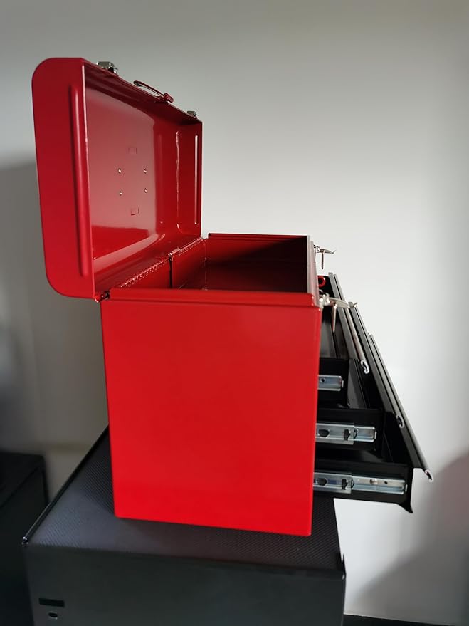 20.3“ Metal Tool Box with Drawer Portable Steel Tool Box with Protective Liner and Latch Closure and Lock for Garage, Home and Warehouse (Red & Black-3 Drawers)