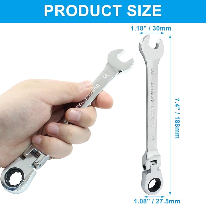 13mm Flex Head Ratchet Wrench, 12 Point Chrome Vanadium Steel Combination Spanner with 72 Tooth Ratcheting Gear, Metric Industrial Grade Tool for Automotive and Mechanical Maintenance