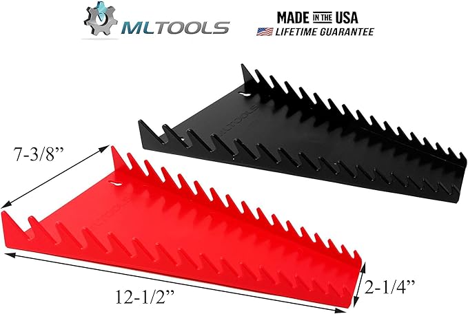 MLTOOLS 16-Tool Wrench Organizer - Low-Profile V-Shape Wrench Holder, Fuel & Solvent Resilient - In-Drawer Wrench Tray For Garage, Workshop - Made in USA Red & Black