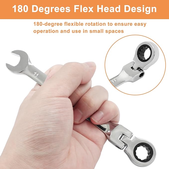 Piutouyar 11mm Flex-Head Ratcheting Wrench, Professional Metric Ratchet Wrench Combination Wrench Box Ended Spanner Tool for Projects Repair(5° Movement and 72 Teeth 12 Point, CR-V)