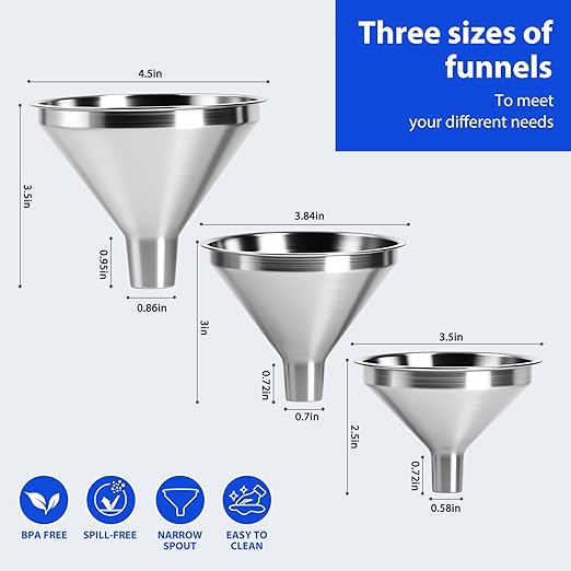 4-Piece Stainless Steel Kitchen Funnel Set, Includes 3 Funnel Sizes and 1 Strainer. Ideal for transferring seasonings, Oils, Liquids, Dry Goods and Powders. Durable and Easy to Clean.