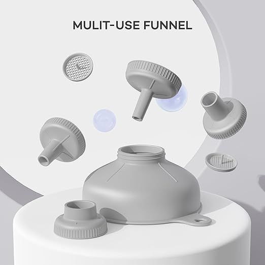 Pisol Wide Mouth Versatile Funnel, Canning Funnels for Kitchen Use, Food Grade Plastic Cooking Funnel Set with 4 Size Spouts and 2 Strainers for Filling Different Bottles and Bags, Grey