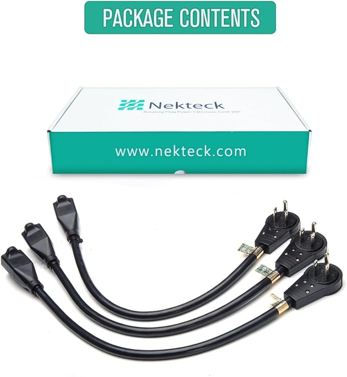 Nekteck 360° Rotating Flat Plug Extension Cord 1 Foot, 14AWG 3 Prong Extension Cord, Low Profile Right Angle Power Cord, Flat Extension Cord Grounded Wire, 15A - UL Certified, Black