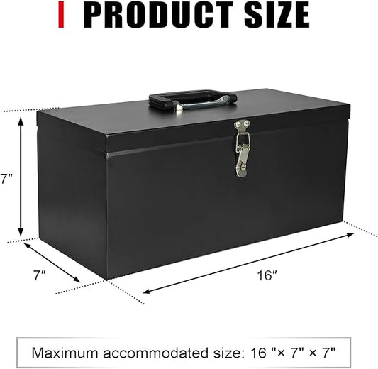 Peastorm Small Steel Metal Tool Box, Lockable Storage Box for Storing Valuable Items, Office Documents, Garage Tools (16" Black)