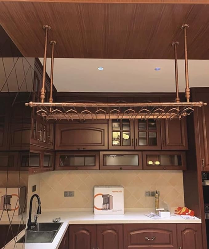 2-in-1 Industrial Wine Rack, 47.3" Adjustable Metal Pipe Wine Bottle Storage Rack with Glass Holders & Shelf, Space-Saving Vertical Installation for Kitchen Bar, Brown
