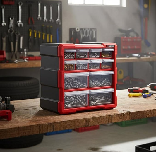 INTERTOOL Small Parts Organizer - 12 Removeable Bin Drawers - Tool Box for Storing Hardware and Garage Organization - For Screws, Bolts, Legos, Arts and Crafts - 10” x 10” x 6” - BX08-4024