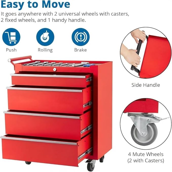 Professional Workstation Version 24" 4-Drawer Rolling Tool Chest - Lockable Storage Cabinet with Wheels for Workshop & Garage Organization