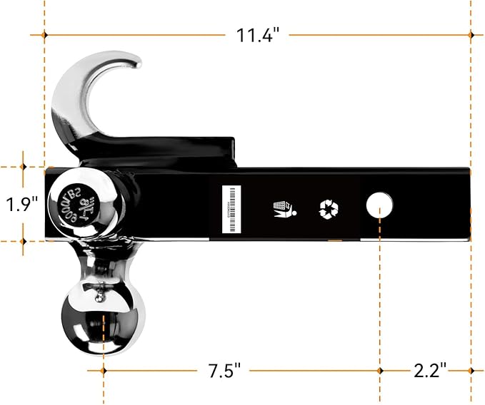 ORCISH Trailer Hitch Tri-Ball Mount with Tow Hook & Pin, Chrome Trailer Ball Sizes 1-7/8", 2" & 2-5/16", Fit 2 Inch Hitch Receiver, 10,000 LBS Max Towing Capacity for RVs, SUVs, ATVs & Trucks
