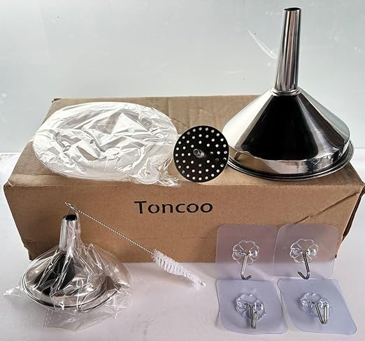 Toncoo 4 Pack Stainless Steel Funnels for Kitchen Use, Food Grade Cooking Funnel with 2 Strainer, Kitchen Funnel Set Metal Funnels for Filling Bottles
