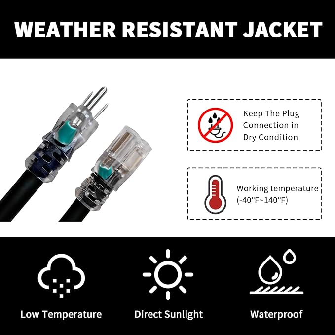 Indoor Outdoor Extension Cord Weatherproof with Lighted End, UL Certified, 16 Gauge 6FT Black 3 Prong Heavy Duty, 16/3 SJTW 13A Power Cord for Outdoor Lights, Lawn
