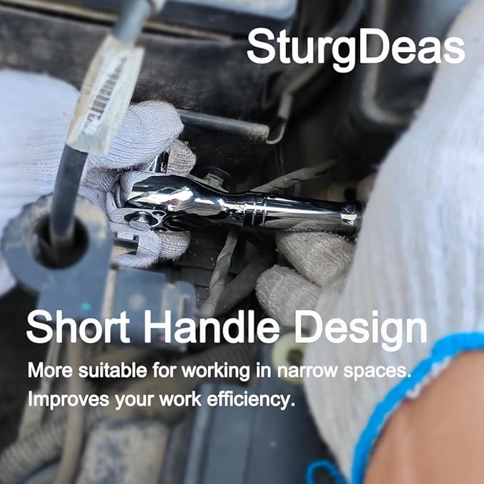 3/8-Inch Drive Ratchet Wrench, 72-Tooth Stubby Quick-Release Socket Wrench with a Extension Bar(5 inch), Reversible Switch, Chrome Alloy Made, Full-Polished Chrome Plating
