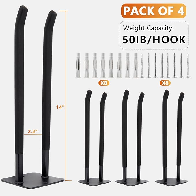 Sinoer Heavy Duty Garage Double Hooks, Utility Steel Garage Hooks,14 Inch Square Tube Double Garage Wall Mounting Hooks for Chairs, Ladders, Ropes and Strollers-(4 Pack