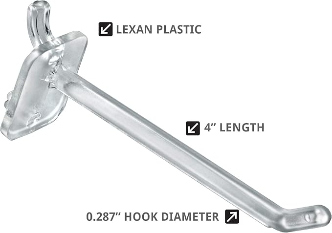 Azar Displays 800004-C Pack of 50 Clear Pegboard Hooks (Also Available in Black & White) - 4” Pegboard Hook Set (2” & 6” Pegboard J Hooks Also Available) - Polycarbonate Plastic Hooks for Retail