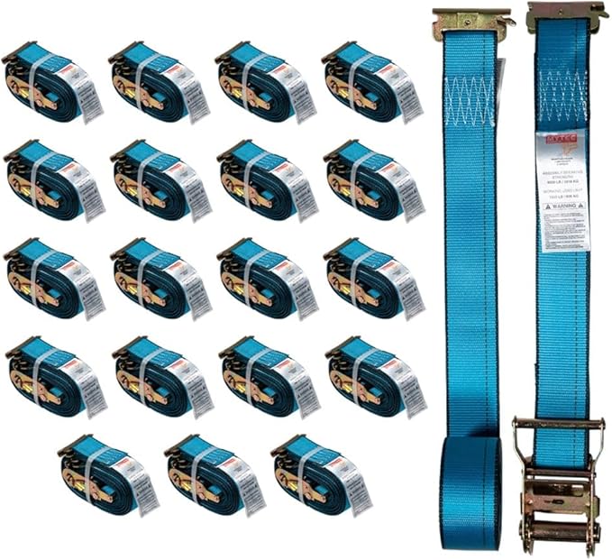 Mytee Products (20 Pack) 2'' x 20' E Track Straps w/Spring E-Fittings - Blue Ratchet Etrack Straps w/Heavy Duty 4000 lbs Breaking Strength for Enclosed Trailers, Trucks & Vans