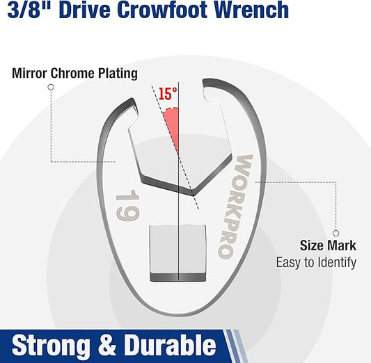 WORKPRO 3/8" Drive Flare Nut Wrench Set, 10-piece Crowfoot Flare Nut Tool Kit, Metric 10-19mm, Steel Wrench With Storage Rail for Nut Removal