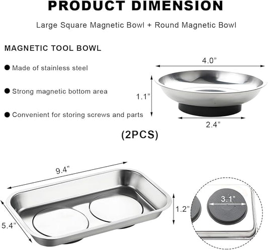 2 PCS Large Magnetic Tray Holders, 5.4"×9.4" Stainless Steel Square & 4" Round Magnetic Parts Tray Set, Heavy Duty Thickened Tray Bowl for Screws Bolts Nuts Metal Parts, Car Accessories
