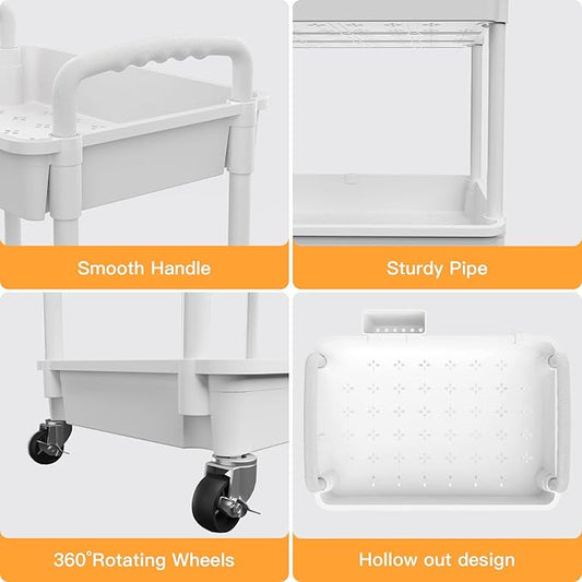 4 Tier Rolling Utility Cart with Handle,REBECAT Utility Cart Made of Multifunctional Storage Organizer Tool for Kitchen,Bathroom,Living Room,Office(White)