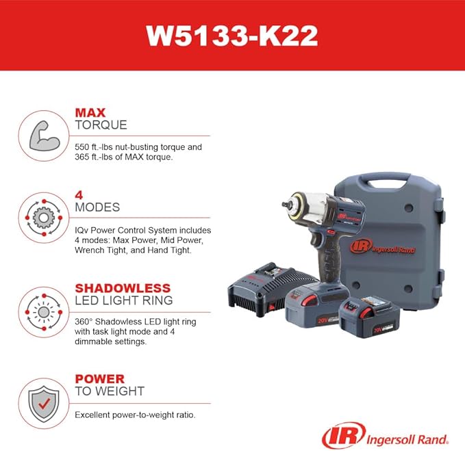 Ingersoll Rand W5133-K22 3/8" IQV20 Cordless Air Impact Wrench and Battery Kit with Brushless Motor, 360 Degree LED Light, 365 ft-lbs Max Torque, 4 Power Modes, Gray