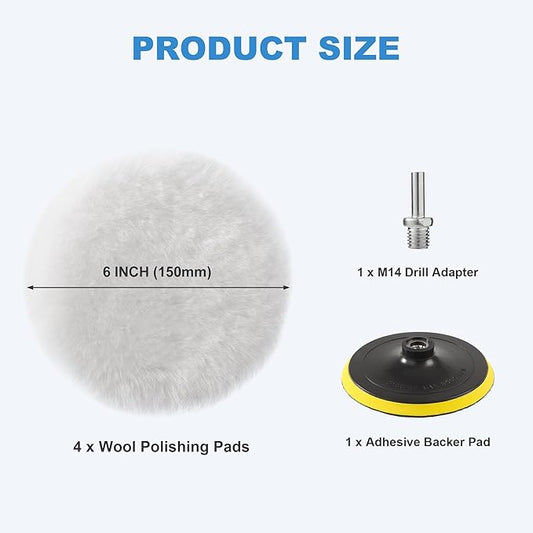 S SATC Wool Polishing Buffing Pad Car Buffer Polisher Pads Kit with 4PCS 6 Inch Buffing Pad M14 Drill Adapter and Hook and Loop Back, Drill Polisher Attachment for Car Polishing, Waxing