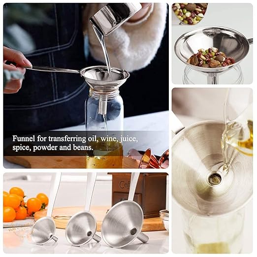3 in 1 Metal Funnels for Filling Bottles Stainless Steel Small Kitchen Funnel Set for Transferring Essential Oils Liquid Fluid Spice Dry Ingredients Powder, Durable (Long-Handled Funnel)