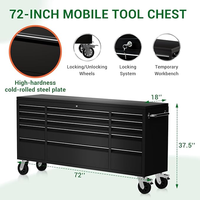 CHETTO C 72" Tool Cabinet Chest with 15 Drawers Mobile Rolling Workbench Large Tool Box Lockable Storage Cabinet with Wheels for Garage Workshop Black 2 Pack