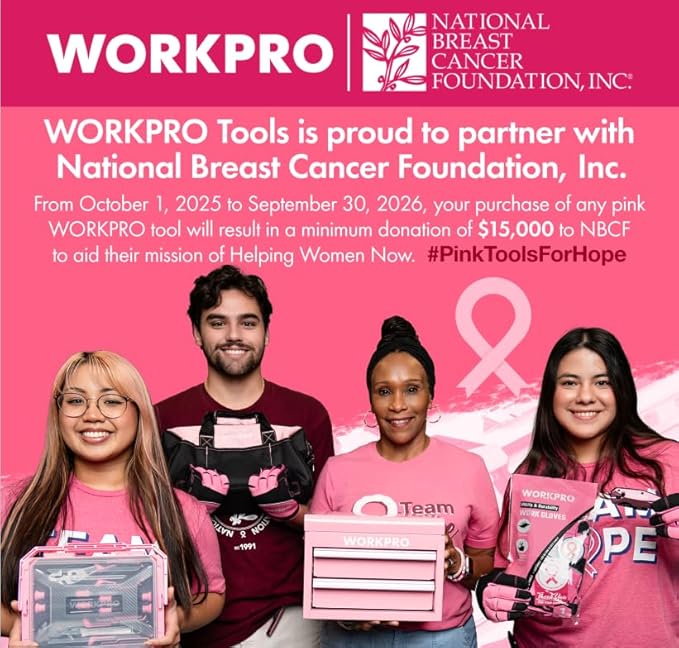 WORKPRO Pink Power Drill Set and Stackable Tool Box, 8V Cordless Drill Driver with Bit Set, 2.0Ah Electric Cordless Screwdriver Kit with 3/8" Keyless Chuck, For Home DIY- Pink Ribbon