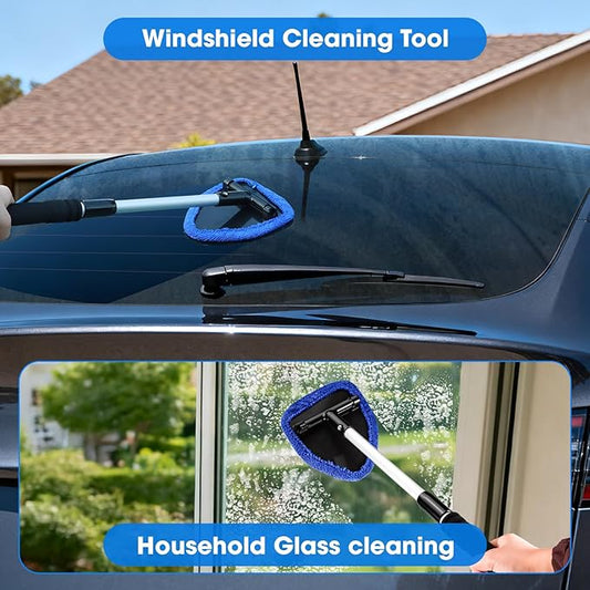 Windshield Cleaner Tool, Car Interior Cleaning Kit with Extendable Handle and 3 Reusable Microfiber Pads, Auto Glass Wiper and Detailing Brush Kit for Car & Home Window, Blue
