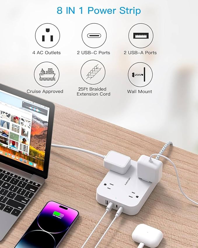25 Ft Extension Cord, HANYCONY Ultra Thin Flat Plug Power Strip with 4 Outlets 4 USB Ports (2 USB C), Wall Mount, Desk Charging Station for Office, Travel and Dorm Room Essentials, ETL Listed