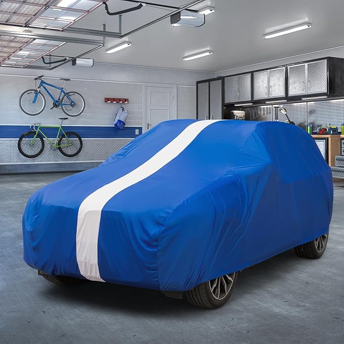 Favoto Indoor Car Cover Soft Stretch Dustproof SUV Cover for Automobiles Universal Fit 188-198 Inch Full Car Cover Breathable with Storage Bag Inside Protection Auto Vehicle Cover (Blue-Upgraded)