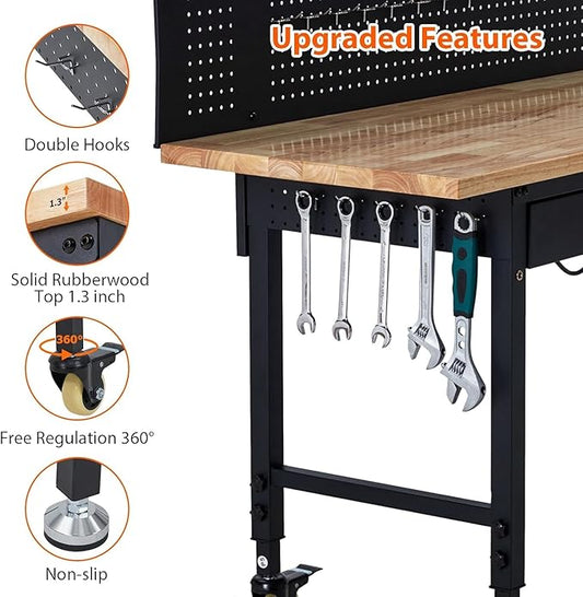 Workbench 60" x 22" Adjustable Height Worktable, Heavy Duty Rubber Wood Top, 2000 LBS Load Capacity, Tool Storage Workstation with Drawer, Pegboard, Power Outlets & Lockable Wheels, with Drawer Back