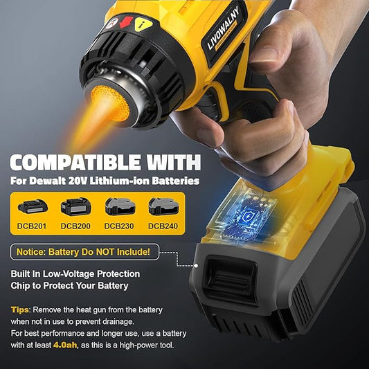 LIVOWALNY Heat Gun Compatible with Dewalt 20v Battery(No Battery):350W Cordless Battery Powered Heat Gun 122℉~1022℉ Variable Temperature Heat Shrink Gun w/LED Digital Display for Shrink Tubing,DIY