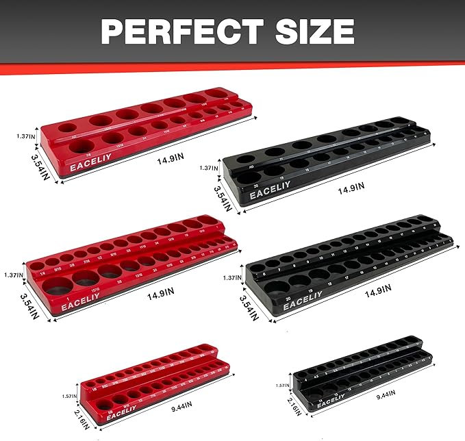 6-Piece Magnetic Socket Organizer Set, 1/2", 1/4" and 3/8" SAE & Metric Deep & Shallow Socket Holder Kit, holds 141 stanard Sockets, attaches to steel box/tool cart (sockets not included)