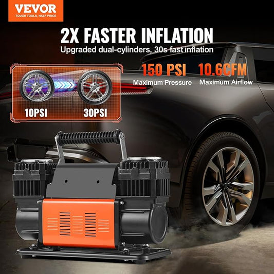 VEVOR 10.6 CFM Heavy Duty Air Compressor, 30s Fast Inflation | Dual-Cylinder Portable Tire Inflator, 12V 150PSI Offroad Air Pump with Adapters for Trucks Car SUV 4 x 4 Vehicle RV