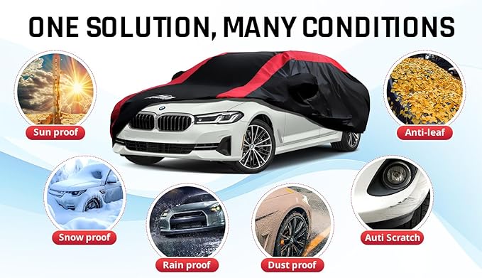 Car Cover Custom Fit for Benz C-Class 2008-2005, BMW 3 Series 2007-2025, Audi A4/S4 2010-2025, Car Cover Waterproof All Weather Outdoor Protection with Red Strip Design