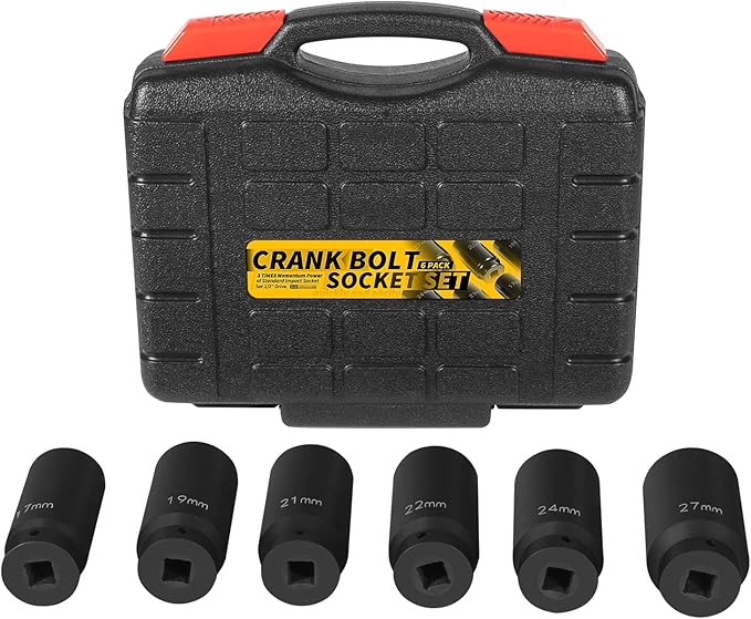 1/2" Drive Crank Bolt Socket Set, 17MM, 19MM, 21MM, 22MM, 24MM 27MM, Harmonic Balancer Socket Set, Deep Counter-Weighted Socket Set, 3 Times Momentum Power of Standard Impact Socket Set