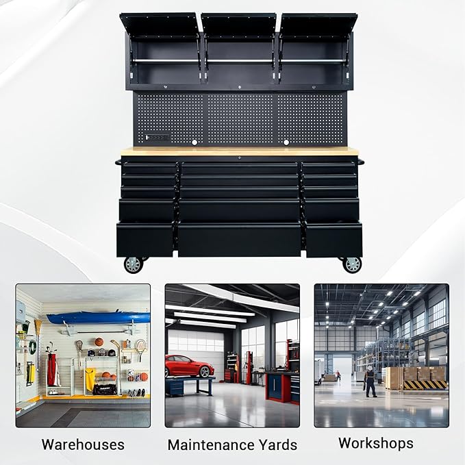 CHETTO C 72-inch Rolling Tool Chest Cabinet Mobile Workbench Black Tool Box with 3 Upper Cabinet 15 Storage Drawers Wheels Outlet SS Pegboard for Warehouses