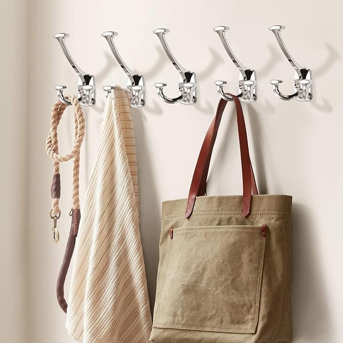 Large Wall Double-Sided Hook 10 Pack Polished Nickel Hook Decorative Heavy Duty Solid Large Coat Hooks for Towel Hanging Coats Robe Towel Bags Door Back 2 Prong Hooks