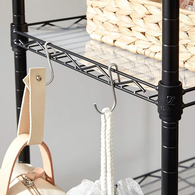 SONGMICS 5-Tier Storage Shelves, Wire Shelving Unit, Kitchen Metal Shelves, Storage Rack with Adjustable Shelves, Shelf Liners, 8 Hooks, for Garage, 11.8 x 15.7 x 47.6 Inches, Black ULGR115B01