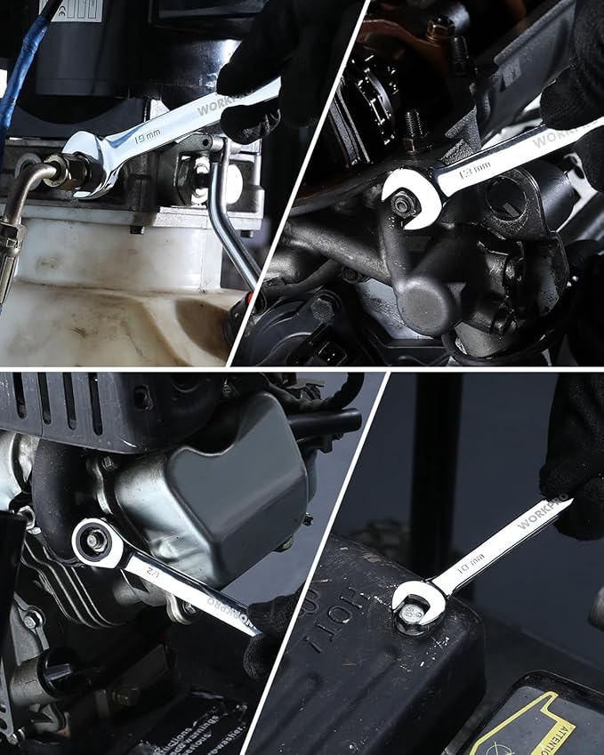 WORKPRO 7/16" Ratcheting Combination Wrench SAE, CR-V Constructed with Mirror Polish Chrome Plating, 12-Point Design, 15-Degree Offset