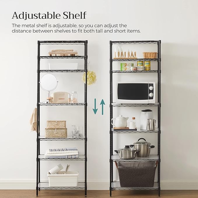 SONGMICS 7-Tier Storage Shelves, Wire Shelving Unit, Kitchen Metal Shelves, Storage Rack with Adjustable Shelves, Shelf Liners, 8 Hooks, for Garage, 13.4 x 23.2 x 70.9 Inches, Black ULGR067B01
