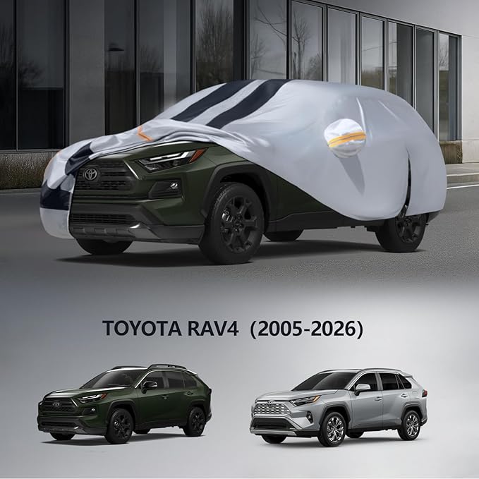 Multi-Layer Car Cover Custom Fit for Toyota RAV4(2005-2026), 100% Waterproof All Weather for Automobiles, Gift with Towel, Heavy Duty Car Covers for Rain Sun UV Protection with Door Zipper