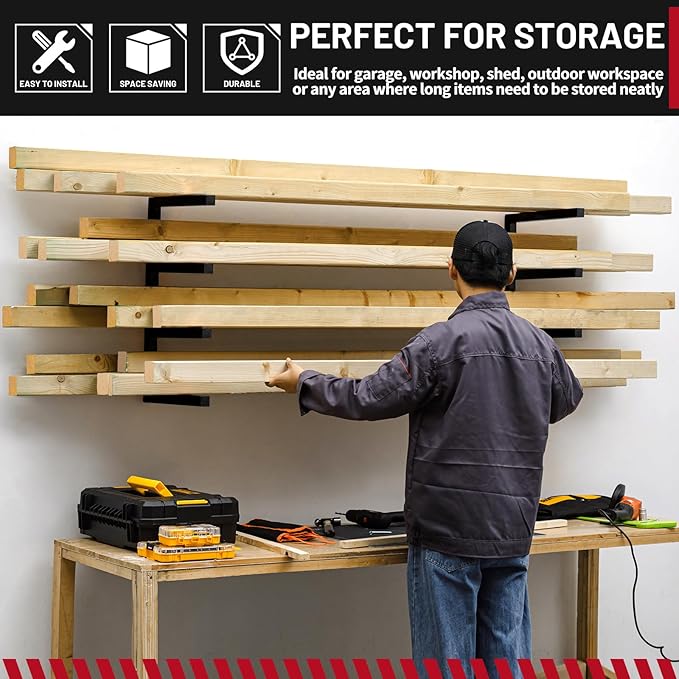 YYR Wood Organizer and Lumber Storage Rack Wall Mount, Heavy Duty Metal Shelf with 4-Level Holds Up 800 LBS, Indoor & Outdoor Use - Black