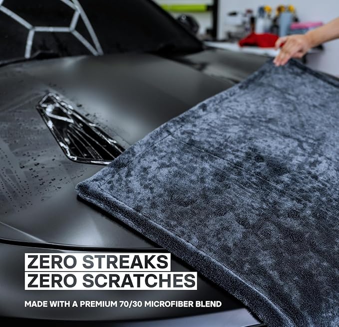 Juggernaut 1600 GSM Car Drying Towel, Holds 13 lbs, Extra Large 38x24 Microfiber Drying Towels Car Detailing, Twisted-Loop, Streak/Scratch-Free, 70/30 Blend (Gray)