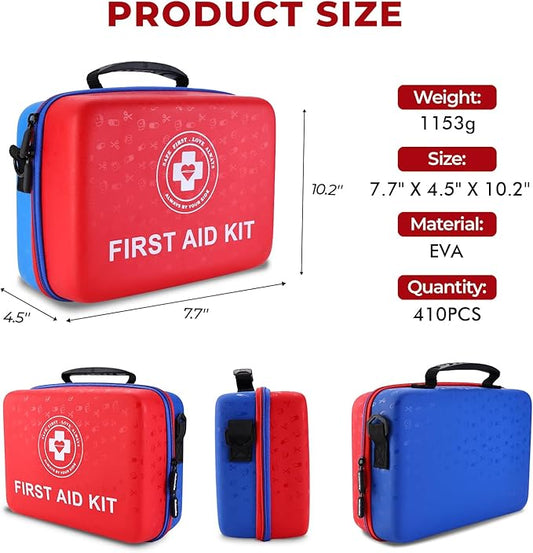 Large First Aid Kit - 410 Piece Dual-Color Emergency Kit with Hard Shell & Fluorescent Interior Coating, Professional Survival Kit for Home, Car, Travel, Hiking & Outdoor(Red/Blue)