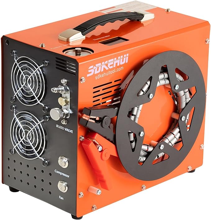 PCP Air Compressor, Auto-Stop,Built-in Oil-Water Separator Esiccant, Powered by Car 12V DC or Home 110V AC,4500Psi/30Mpa/300Bar with Cooling Fan System,Paintball Air Compressor Pump