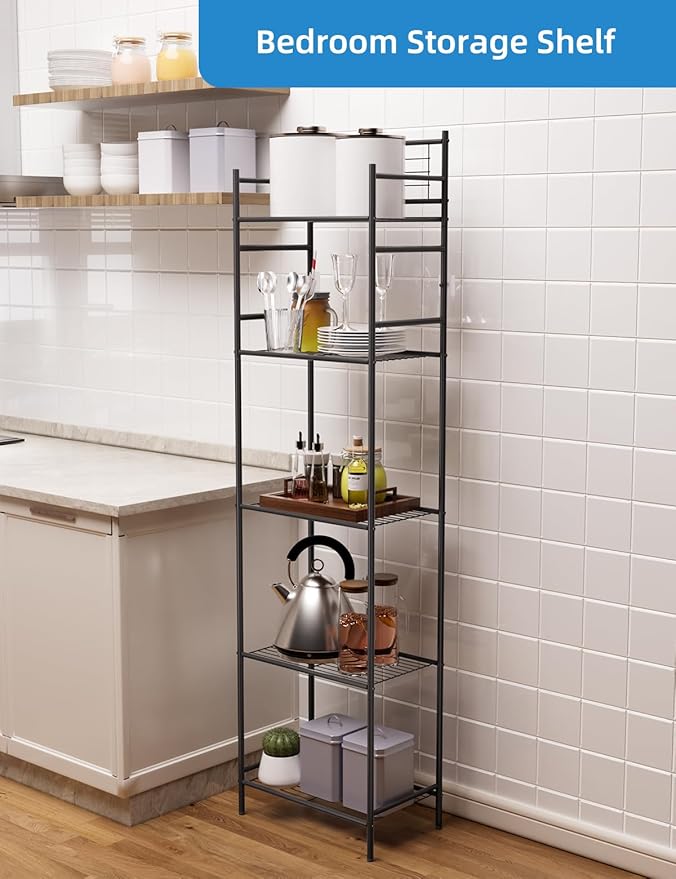 LEEDA 5-Tier Metal Shelving Unit, Sturdy Bathroom Storage Shelf & Free Standing Towel Rack with Adjustable Feet, Open Floor Shelves for Small Space in Bathroom, Kitchen, Office, Black