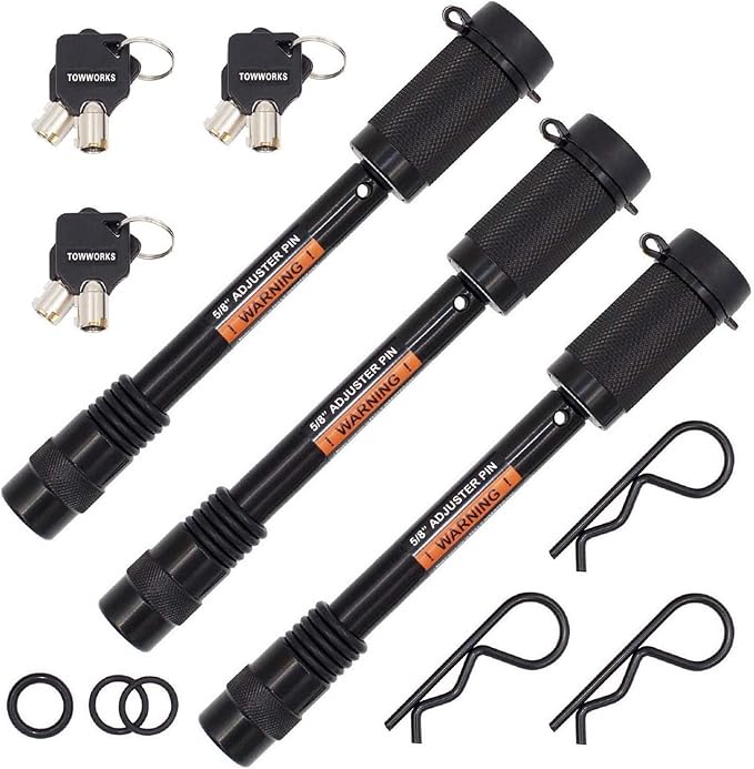 TowWorks 79833 Keyed Alike 5/8" Trailer Hitch Lock with Extra Long 4-1/2" Span, Double Safety Tow Hitch Locking Pin for 3" Receivers and Adjustable Channel Mounts, 3-Pack