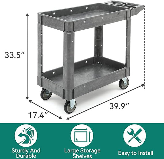 YITAHOME 550 LBS Heavy Duty Utility Cart on Wheels, 2 Shelves Service Cart, Plastic Rolling Tool Carts with Wheels, Gray Maintenance Push Carts for Garage, Home, Restaurant, Jobsite, Office
